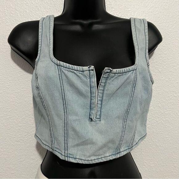 90s Denim Crop Tank Top Dizzy Lizzie Chambray Sleeveless Festival Western M - Picture 1 of 8
